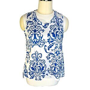 Womens XXL Tank Top Tunic V-Neck Blue White Damask Print